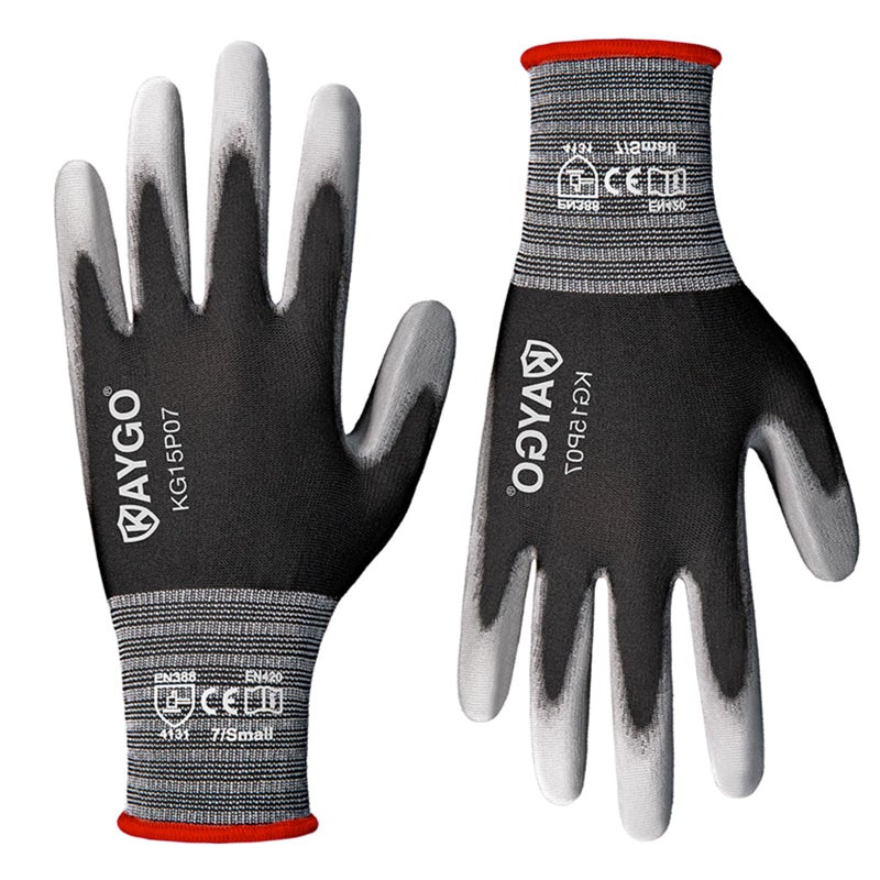 KAYGO Work Gloves PU Coated 12 Pairs, KG15P,Nylon Liner with Flexible Polyurethane Coating,Safety Work Gloves for DIY, Assembly, Warehouse, Light Duty Work (Small, Black) - Image 1